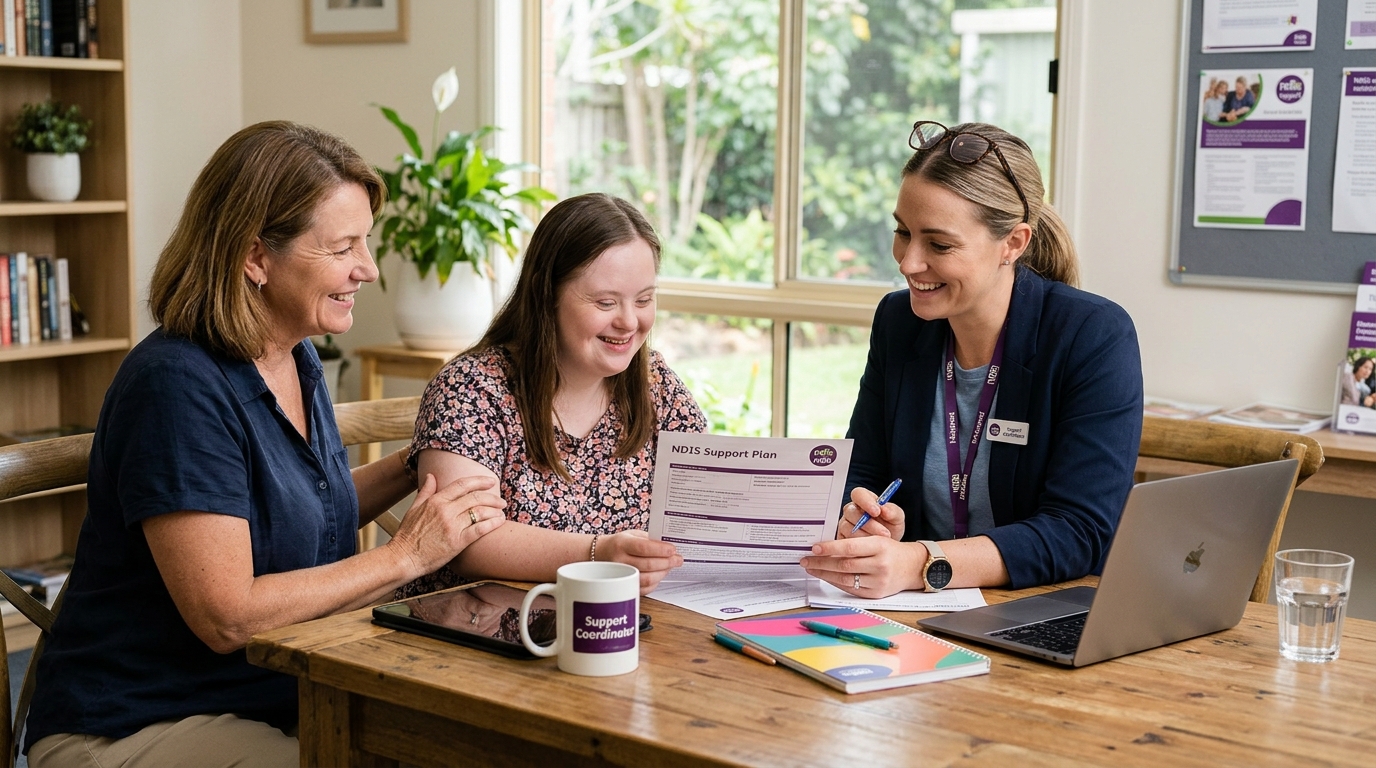 A family member and adult participant smiling warmly alongside a support coordinator during an NDIS planning consultation
