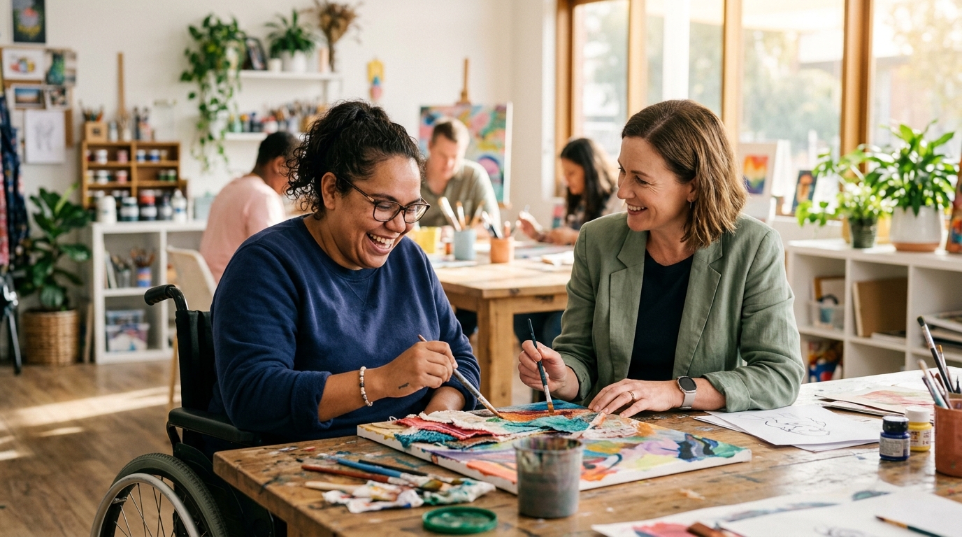 A smiling adult participant with a disability engaged in a vibrant art and community workshop alongside a supportive mentor
