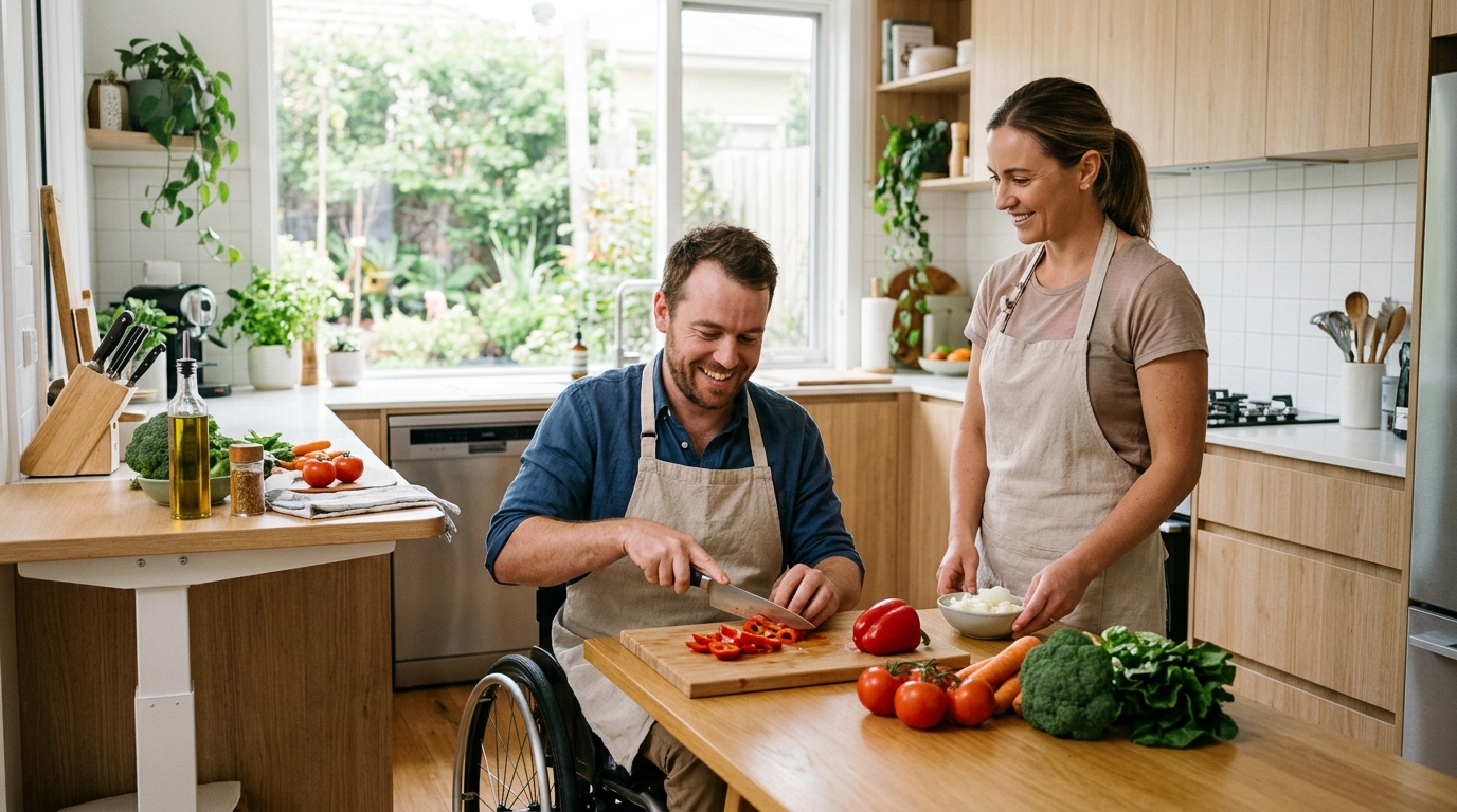 A smiling participant cooking fresh vegetables independently in a modern accessible kitchen with friendly encouragement from a support companion